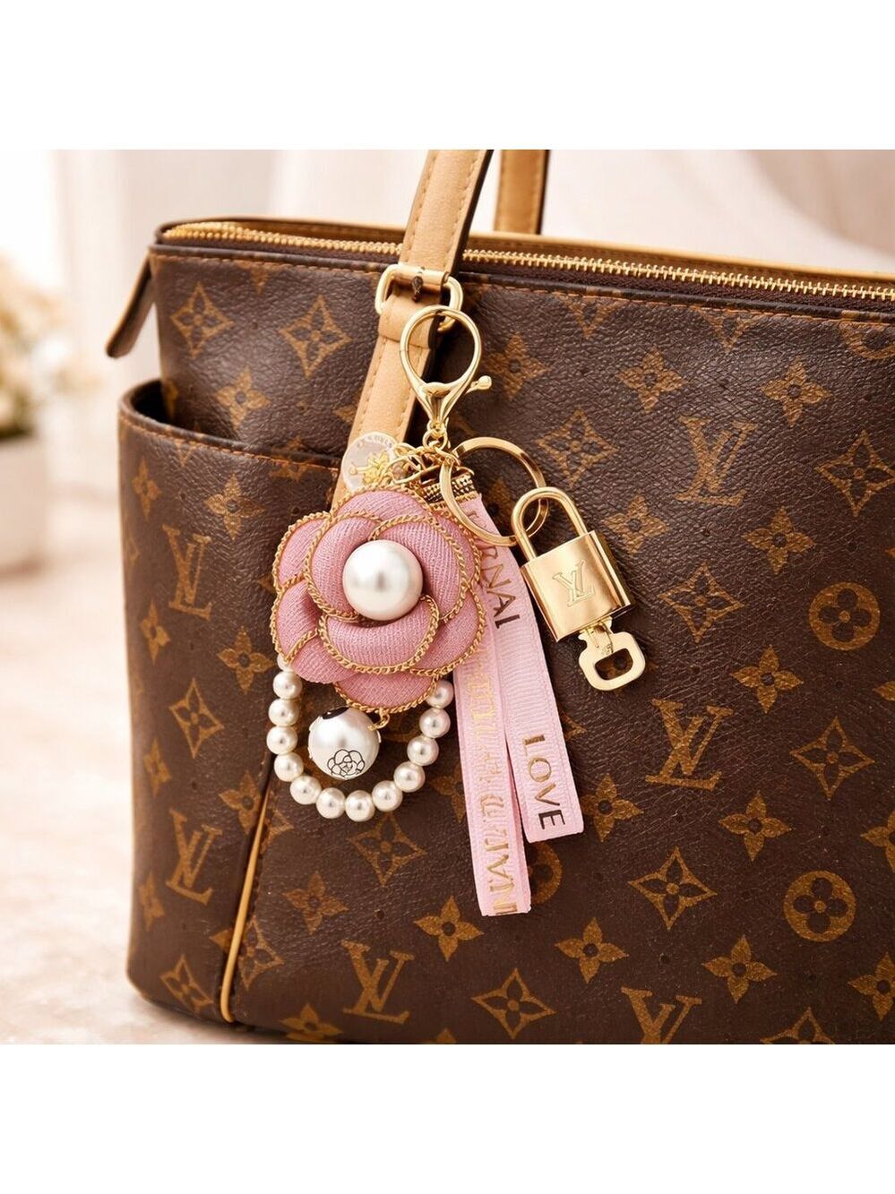 Authentic Louis Vuitton Gold Padlock & Key with Unbranded  Keychain 031326